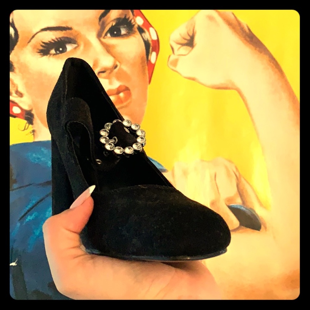 Velvet chunk mini heels with rhinestone buckle.